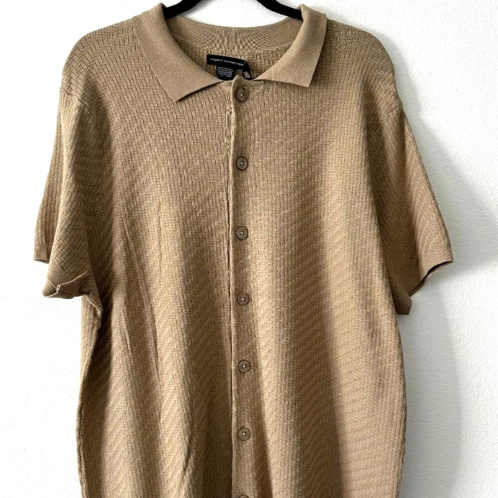 French Connection Men’s Knit Polo Shirt Button Front Tan Medium NWT Luxe